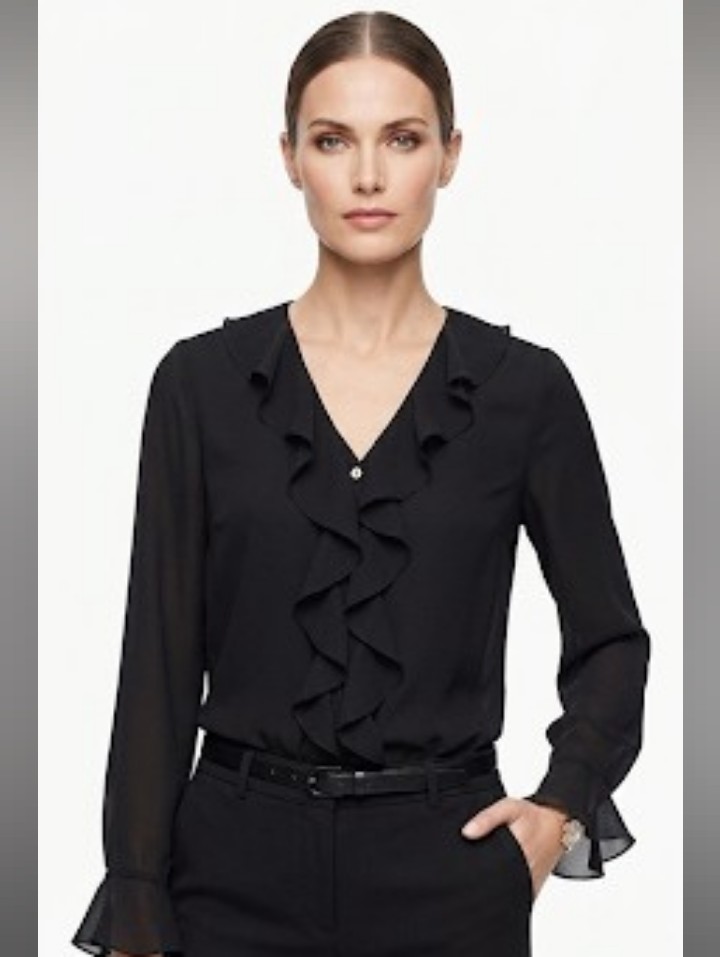 Black Ruffle V-Neck Long-Sleeve Blouse Small